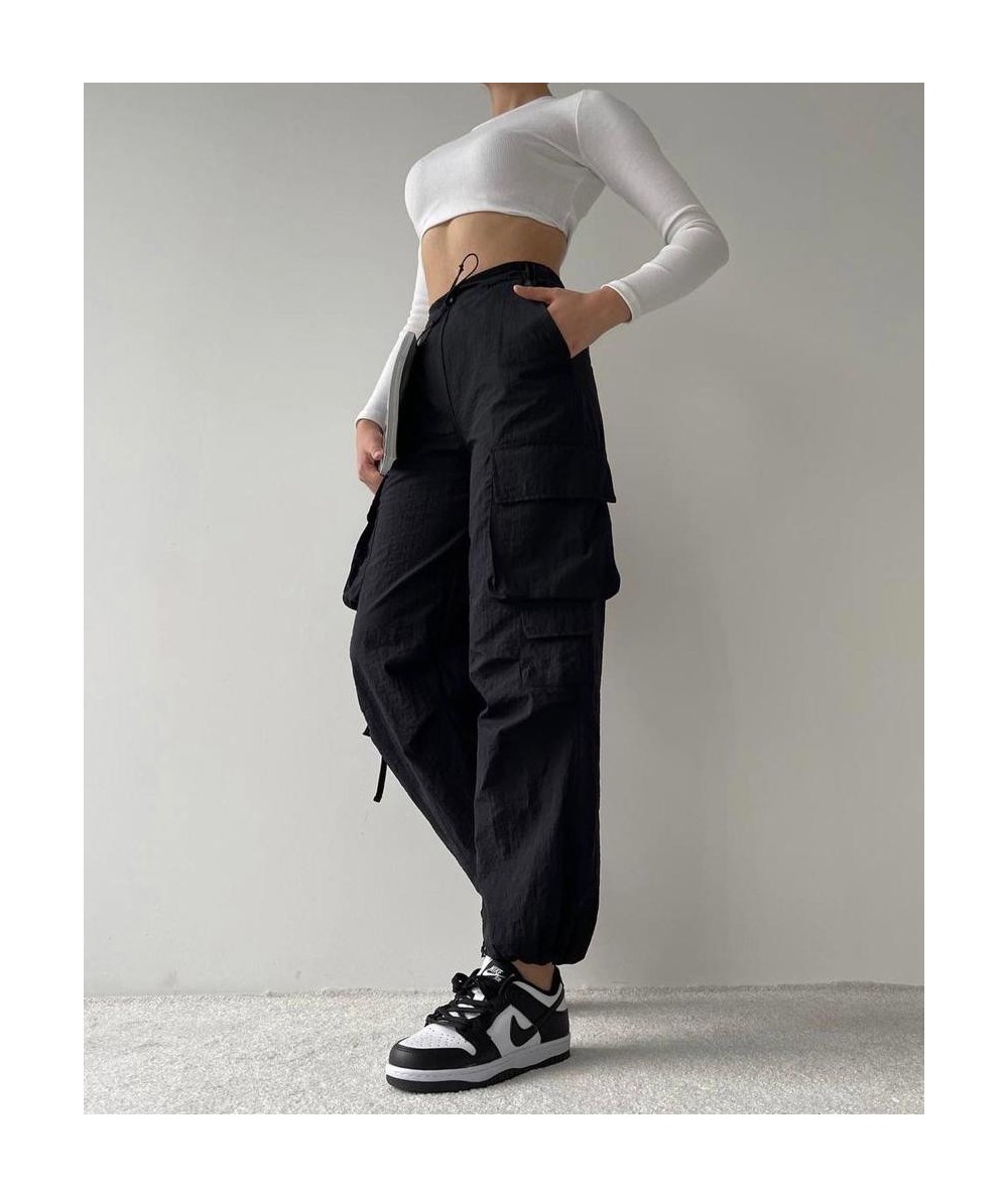 ZARA Kadın Yüksek Bel Bol Cepli Siyah Paraşüt Kumaş Kargo Pantolon Beden  (h) S Renk Siyah
