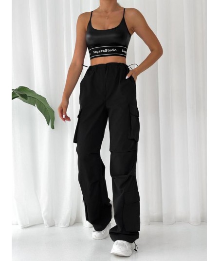 ZARA Kadın Yüksek Bel Bol Cepli Siyah Paraşüt Kumaş Kargo Pantolon